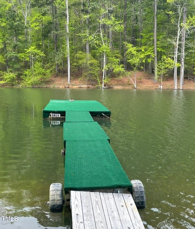 dock area featuring a forest view and a water view
