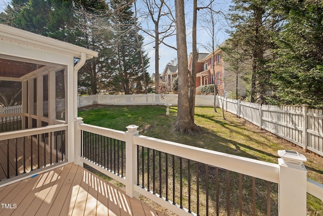 wooden terrace with a lawn and a fenced backyard