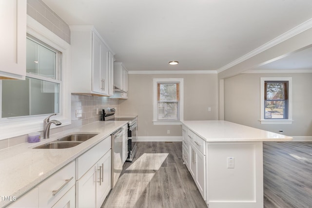 kitchen with wood finished floors, a sink, white cabinets, appliances with stainless steel finishes, and backsplash