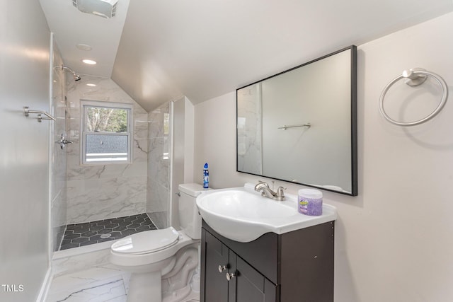 full bath featuring marble finish floor, tiled shower, vanity, and toilet