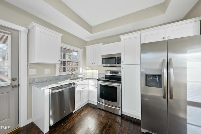 kitchen with dark wood-style floors, light stone counters, stainless steel appliances, white cabinetry, and a sink