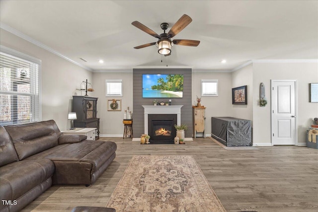 living area with baseboards, wood finished floors, ceiling fan, and ornamental molding