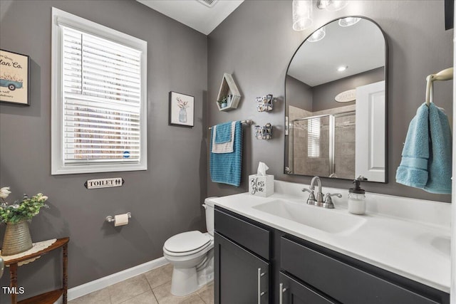 full bathroom featuring tile patterned flooring, baseboards, toilet, a stall shower, and vanity