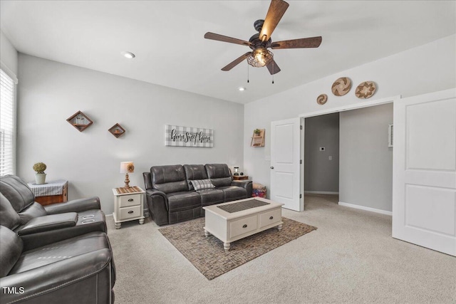 living area featuring recessed lighting, baseboards, carpet floors, and ceiling fan