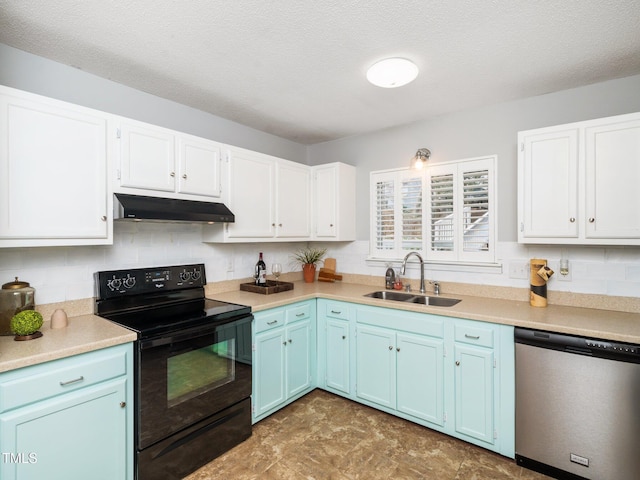 kitchen with black electric range, blue cabinetry, stainless steel dishwasher, a sink, and under cabinet range hood