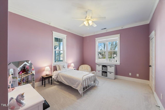 bedroom featuring crown molding, light colored carpet, visible vents, ceiling fan, and baseboards