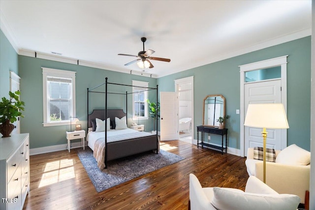 bedroom featuring ornamental molding, dark wood-style flooring, multiple windows, and baseboards