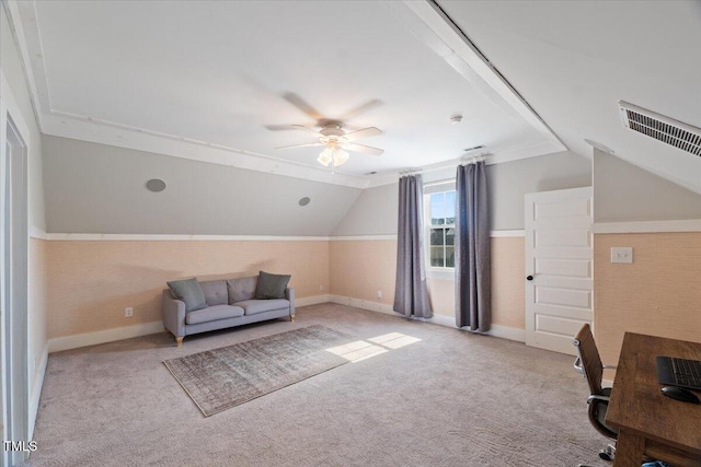 interior space featuring carpet, visible vents, ceiling fan, and lofted ceiling