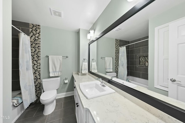 bathroom featuring tile patterned flooring, visible vents, toilet, shower / bath combination with curtain, and vanity