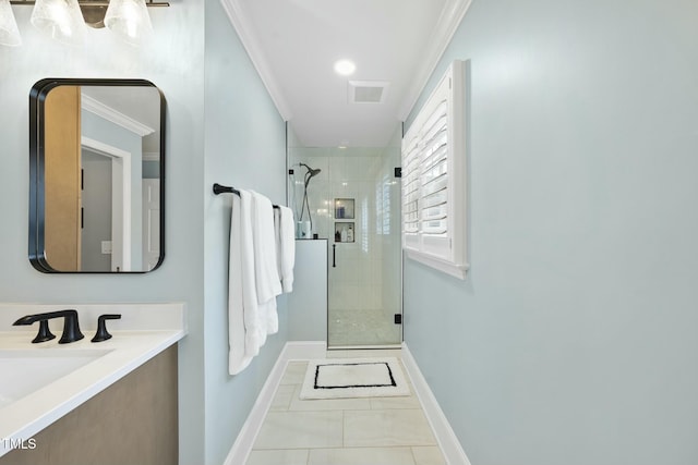 full bathroom featuring a shower stall, baseboards, and ornamental molding