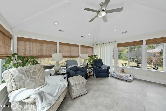 sunroom with visible vents, ceiling fan, and lofted ceiling