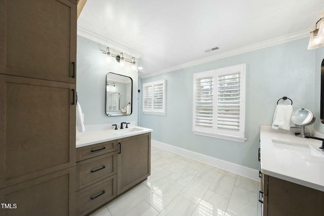 full bath featuring visible vents, vanity, crown molding, and baseboards