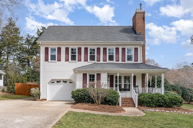 view of front of home featuring a chimney, a shingled roof, covered porch, concrete driveway, and fence