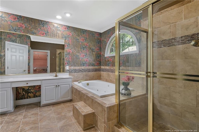 bathroom with wallpapered walls, a stall shower, tile patterned floors, a jetted tub, and vanity