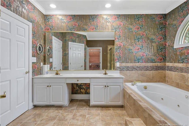 full bath featuring ornamental molding, a whirlpool tub, and wallpapered walls