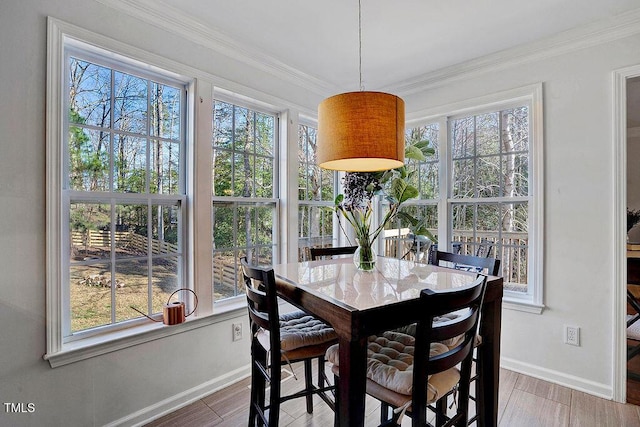 dining room featuring a healthy amount of sunlight, wood finished floors, and crown molding