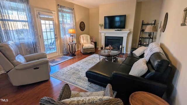 living room featuring a glass covered fireplace, baseboards, and wood finished floors