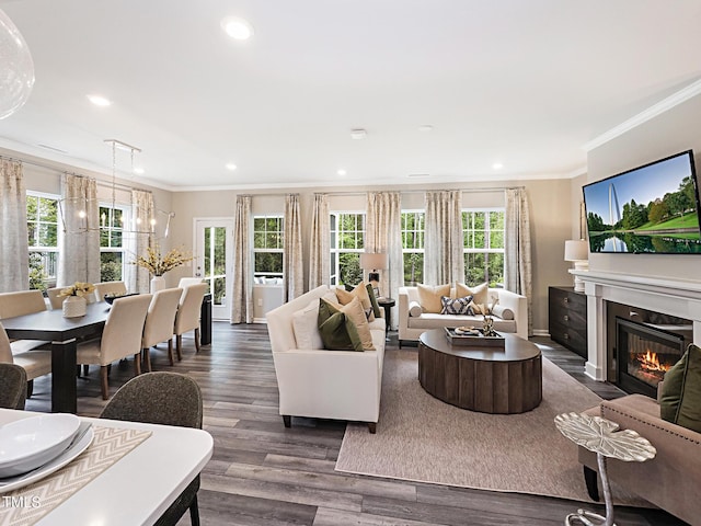 living area with a chandelier, recessed lighting, a fireplace with flush hearth, ornamental molding, and dark wood-style floors