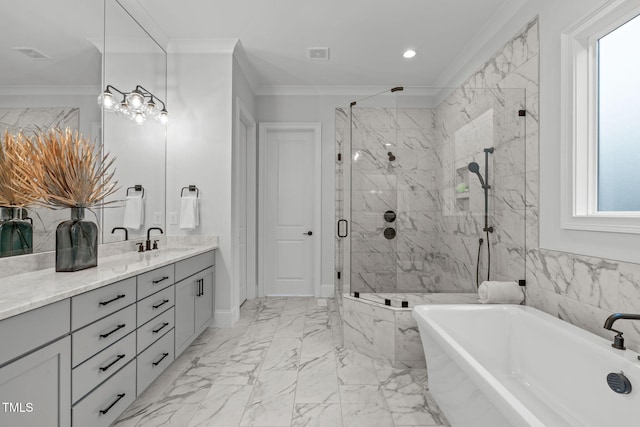 full bathroom with marble finish floor, crown molding, a marble finish shower, a soaking tub, and vanity