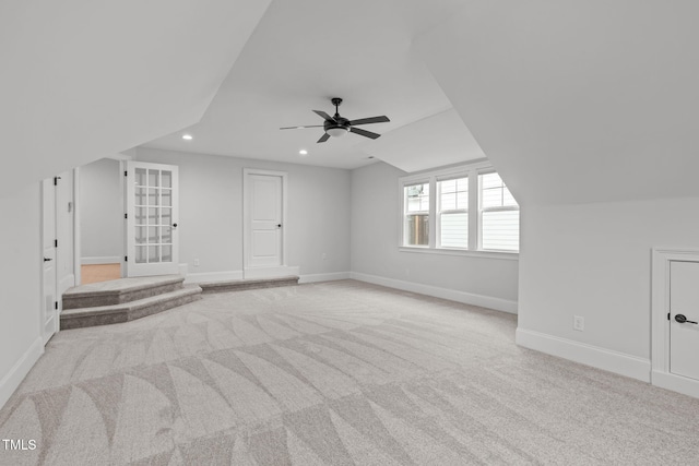 bonus room featuring carpet floors, recessed lighting, baseboards, and a ceiling fan