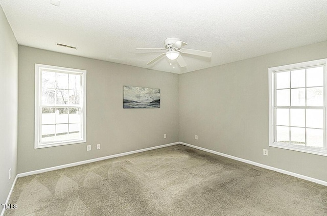 spare room with a healthy amount of sunlight, a textured ceiling, visible vents, and carpet flooring