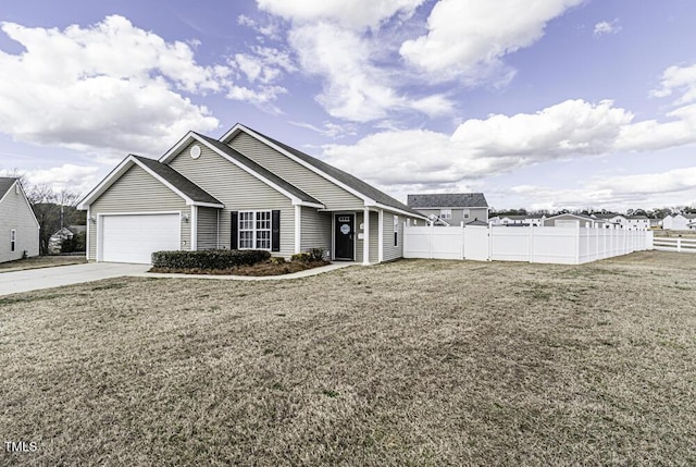 ranch-style house with an attached garage, concrete driveway, a front yard, and fence