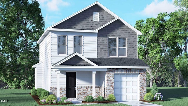 view of front of property with a garage, stone siding, and a front lawn