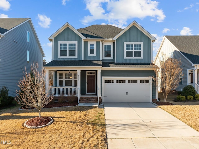 view of front facade with covered porch, board and batten siding, concrete driveway, and an attached garage