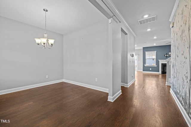 interior space with baseboards, visible vents, recessed lighting, dark wood-type flooring, and a notable chandelier