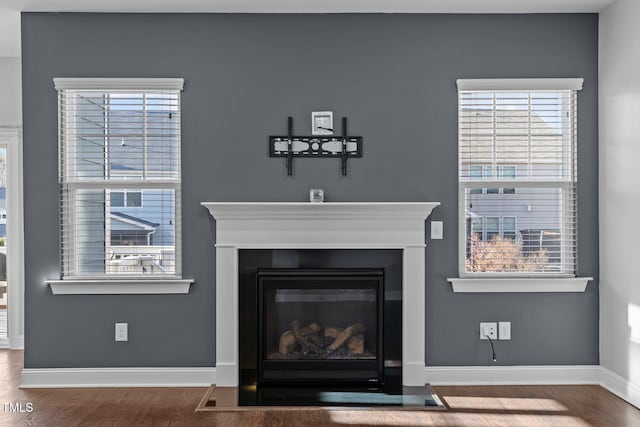 room details with wood finished floors, baseboards, and a glass covered fireplace