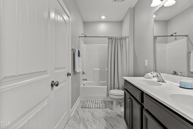 full bath featuring double vanity, a sink, shower / bath combination with curtain, toilet, and marble finish floor