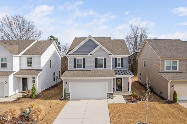 view of front facade featuring driveway, a shingled roof, an attached garage, and stone siding