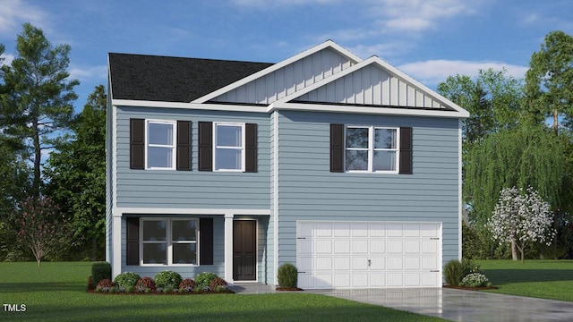 view of front facade featuring an attached garage, driveway, board and batten siding, and a front yard