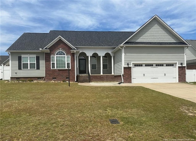 single story home with crawl space, brick siding, driveway, and a front lawn