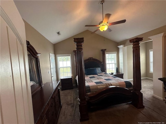 bedroom with carpet, lofted ceiling, visible vents, a ceiling fan, and ornate columns