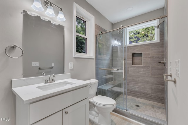 full bathroom with toilet, a shower stall, and vanity