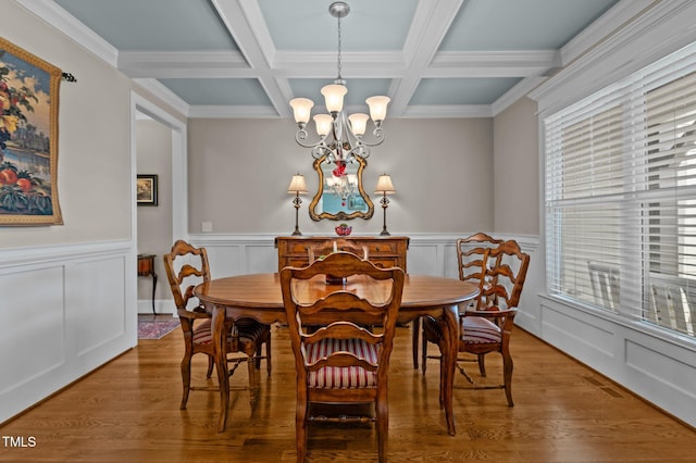 dining area with a decorative wall, beamed ceiling, wood finished floors, a notable chandelier, and coffered ceiling