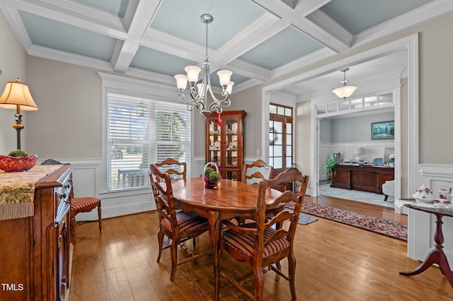 dining room featuring coffered ceiling, an inviting chandelier, beam ceiling, crown molding, and light wood-type flooring