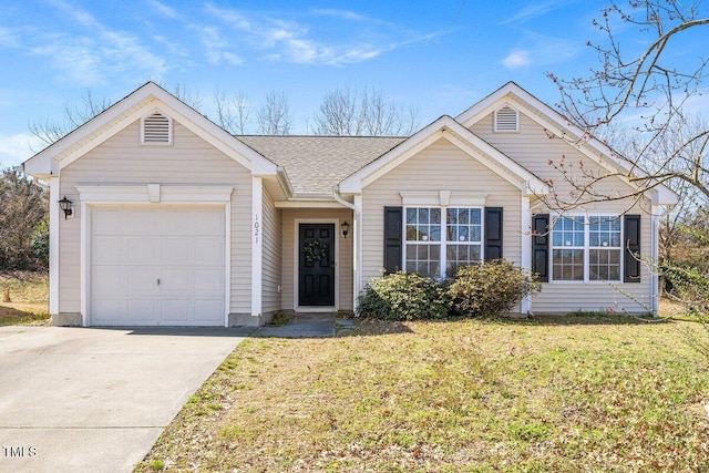 single story home with driveway, a front lawn, an attached garage, and a shingled roof