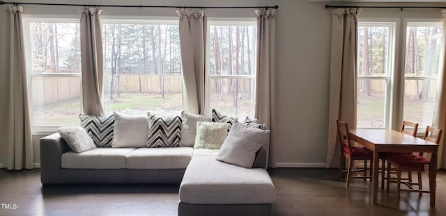 living room with baseboards, a healthy amount of sunlight, and wood finished floors