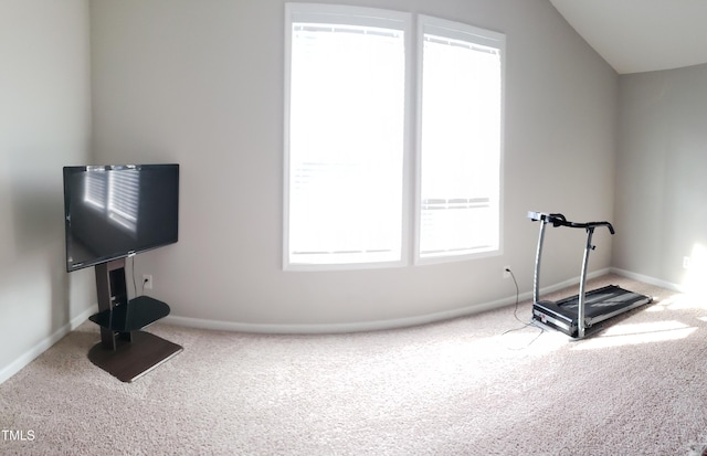 exercise room with carpet flooring, baseboards, and vaulted ceiling