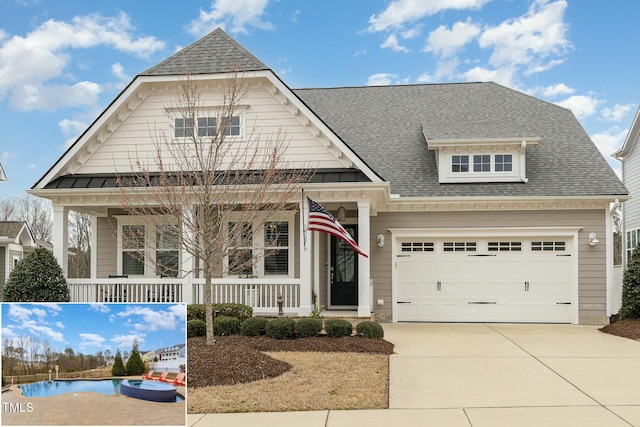 view of front of home with covered porch, driveway, a shingled roof, and a garage