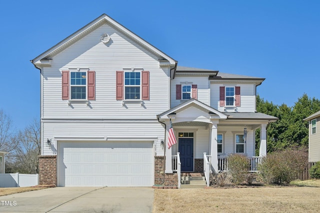 view of front of house featuring a porch, fence, concrete driveway, a garage, and brick siding