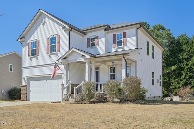 view of front of house featuring concrete driveway, a front yard, covered porch, a garage, and crawl space