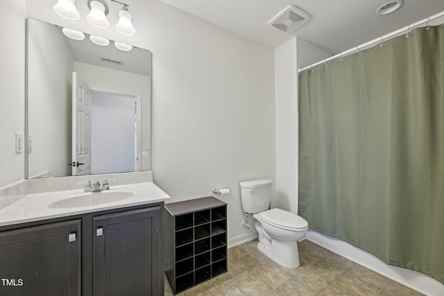 full bathroom featuring tile patterned floors, visible vents, toilet, and vanity