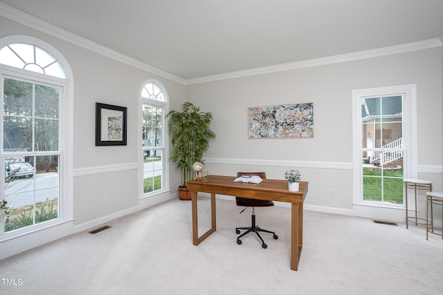 office area featuring carpet, visible vents, crown molding, and baseboards