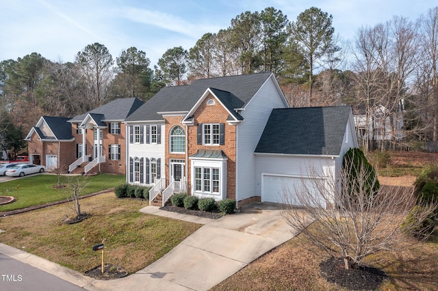 view of front of house featuring a garage, brick siding, concrete driveway, roof with shingles, and a front lawn