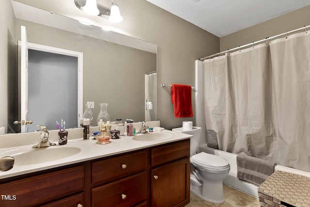 bathroom featuring double vanity, a sink, toilet, and shower / tub combo with curtain