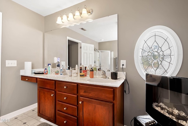 bathroom featuring double vanity, a stall shower, a sink, and visible vents