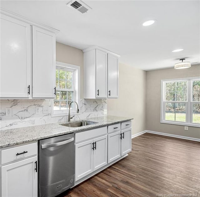 kitchen with dark wood-style flooring, a sink, visible vents, stainless steel dishwasher, and backsplash